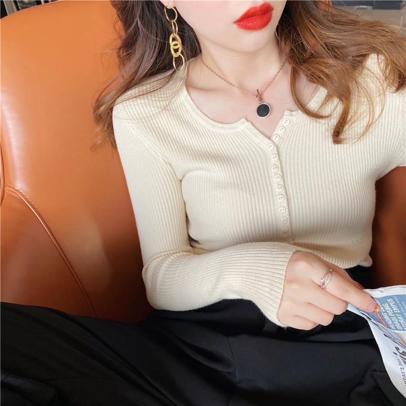 Koreanische Version für Herbst und Winter mit V-Ausschnitt, langärmeligem Pullover, schmaler Passform und dünnem, elastischem Pit-Strip-Strickpullover für Damen