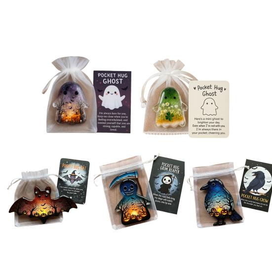 1/2/4/5Pcs Pocket Hug Ghost with Positive Card Emotional Support Ghost Token Mini Halloween Cartoon Ghost Statue Inspirational Gift