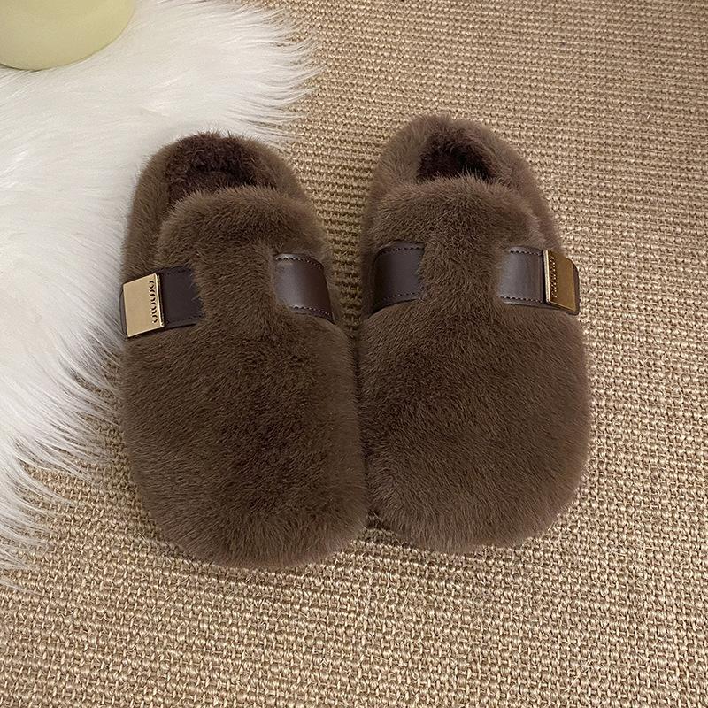 Internet Celebrity Explosion Mink Hairy Shoes Women Winter Wear Belt Buckle Thick Sole Velvet Bean Shoes Fairy Warm Cotton Mop