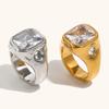 Gold Plated Deep-Patterned Square Zircon Ring Simple Statement With Irregular Design Tarnish Free Women'S Jewelry
