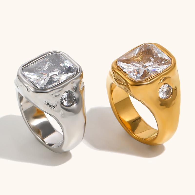 Gold Plated Deep-Patterned Square Zircon Ring Simple Statement With Irregular Design Tarnish Free Women'S Jewelry