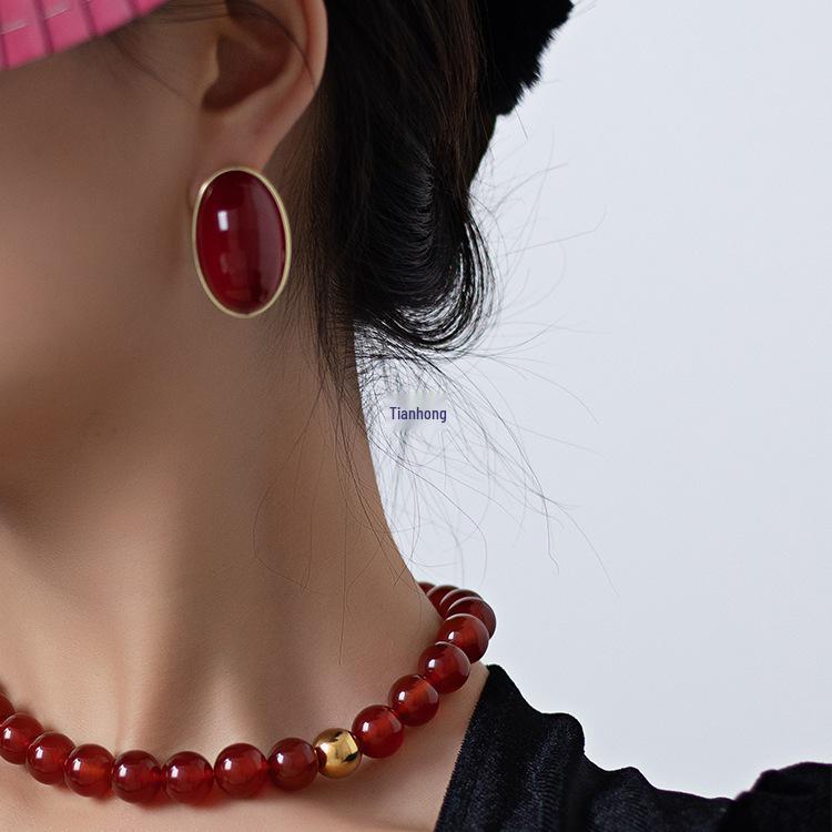 Ancola 2024 Red Retro Oval Pearl Earrings - Autumn & Winter Collection