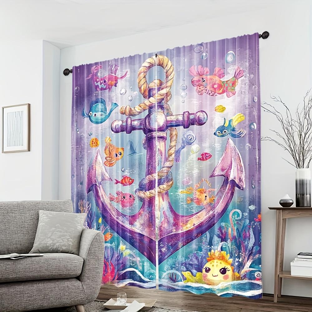 2pcs Vibrant Marine Life Curtains - Colorful Underwater Scene with Anchors   Fish & Coral Reefs   100% Polyester   Minimalist Desig