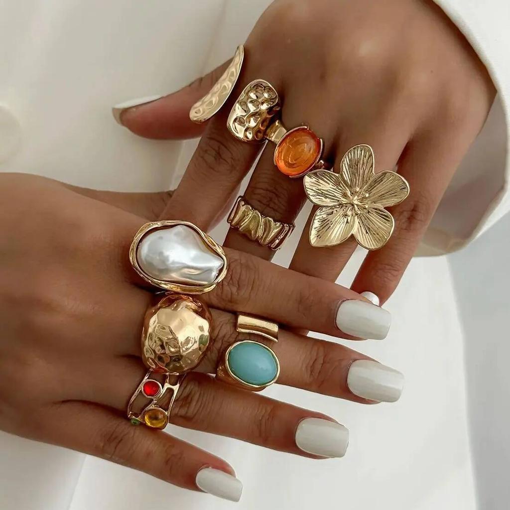 Ingemark 8Pcs/Set Elegant Imitation Pearl Flower Open Ring for Women Exquisite Geometric Wide Knuckle Ring Wedding New Jewelry