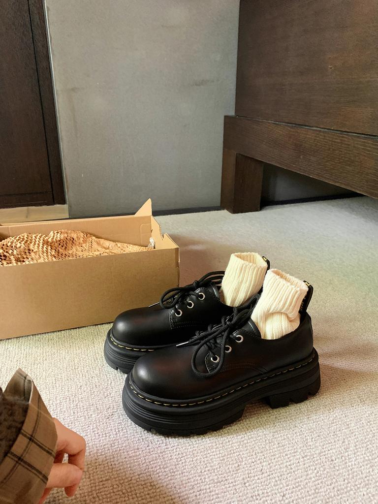 Grape mother British style small leather shoes women's comfortable platform big head women's shoes front lace-up small height-increasing loafers