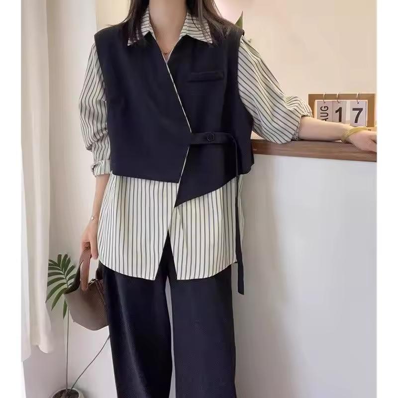 

Women s Spring and Autumn French Commuting Professional Shirt with Design Sense Splicing Stripe Top S
