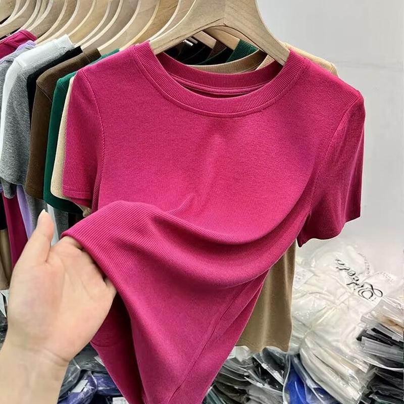 Tricou de vară cu fir, slim-fit, pentru femei, cu gât rotund și mâneci scurte - Top versatil în culoare uni