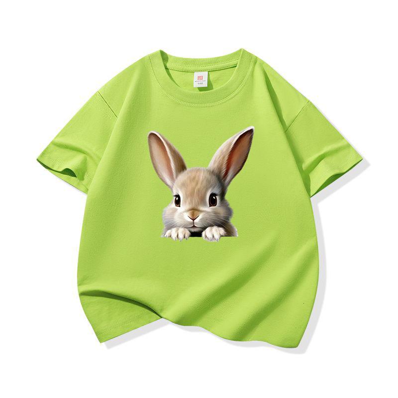 Kids Cotton T Shirt Cute Peeking Rabbit Print Crew Neck Short Sleeve Tee Casual Breathable Boys Girls Summer Tops