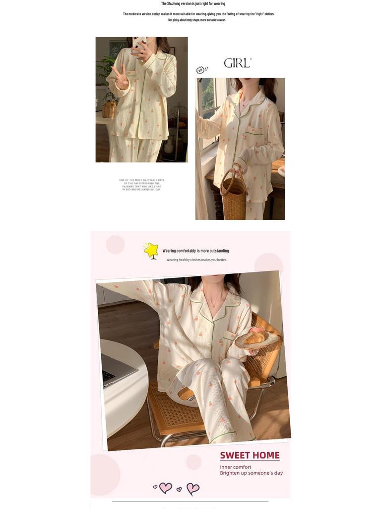 Women's 2024 Spring Polka Dot Pajama Set - Long Sleeve Cardigan and Pants In Casual Wrinkled Fabric