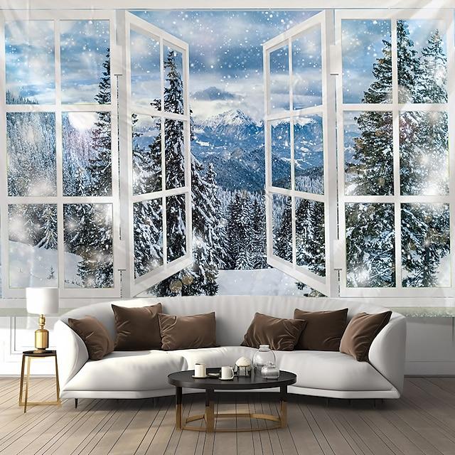Tapestry snowy view from the window on the wall with a landscape 75x100