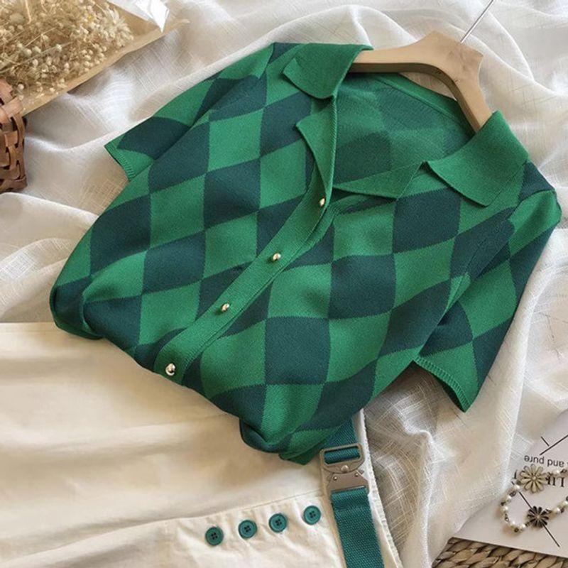 

Шикарная Красивая Блузка Французская Милая и Острая Европейские Товары Пальто Зеленый Ромбовидный Виши Футболка с Коротким Рукавом Женская Летняя Новинка 2025 Green T-Shirt XL