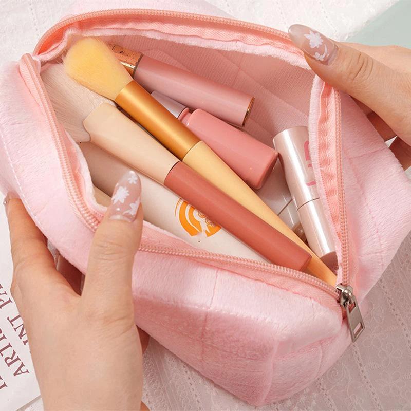 1Pcs Women Zipper Makeup Organizer Solid Fur Cosmetic Storage Bag Handbag Stationery Pencil Case Travel Make Up Toiletry Punch