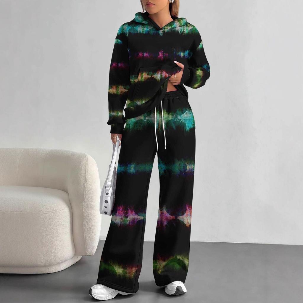 Patchwork Tie-dye European and American Casual Long-sleeve Set, Women's Hoodie Sweatshirt and Pants Two-piece Set
