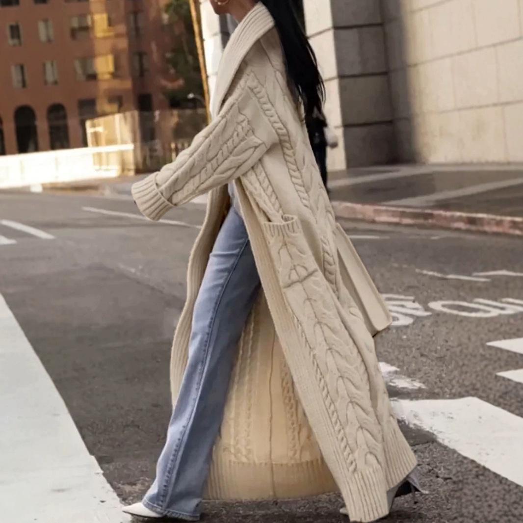 

Chunky Cable Knit Big Lapel Cardigan Sweater Coat for Spring, Autumn, Winter L хакі