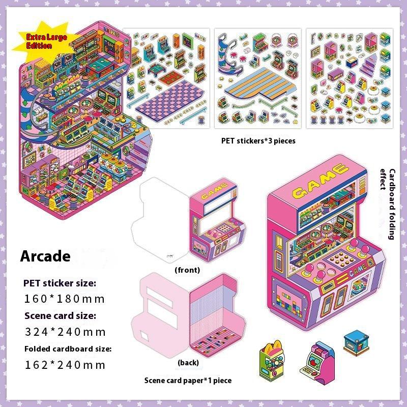 Plus Size Retro Esports Room Flip Cover Landscape Sticker Diy 3D Dopamine Color Cabin Miniature Scene Sticker Gift For Kid Child