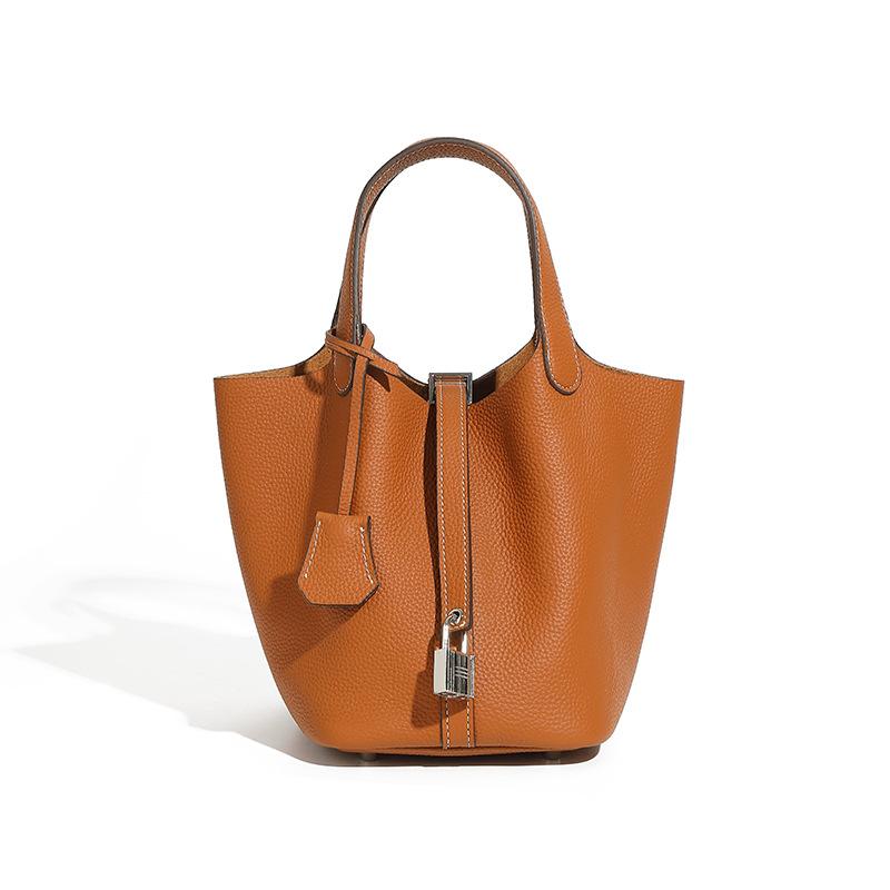 Sac pour femme en cuir véritable Sac panier de légumes Sac à main à la mode, Sac seau motif litchi Sac pour femme