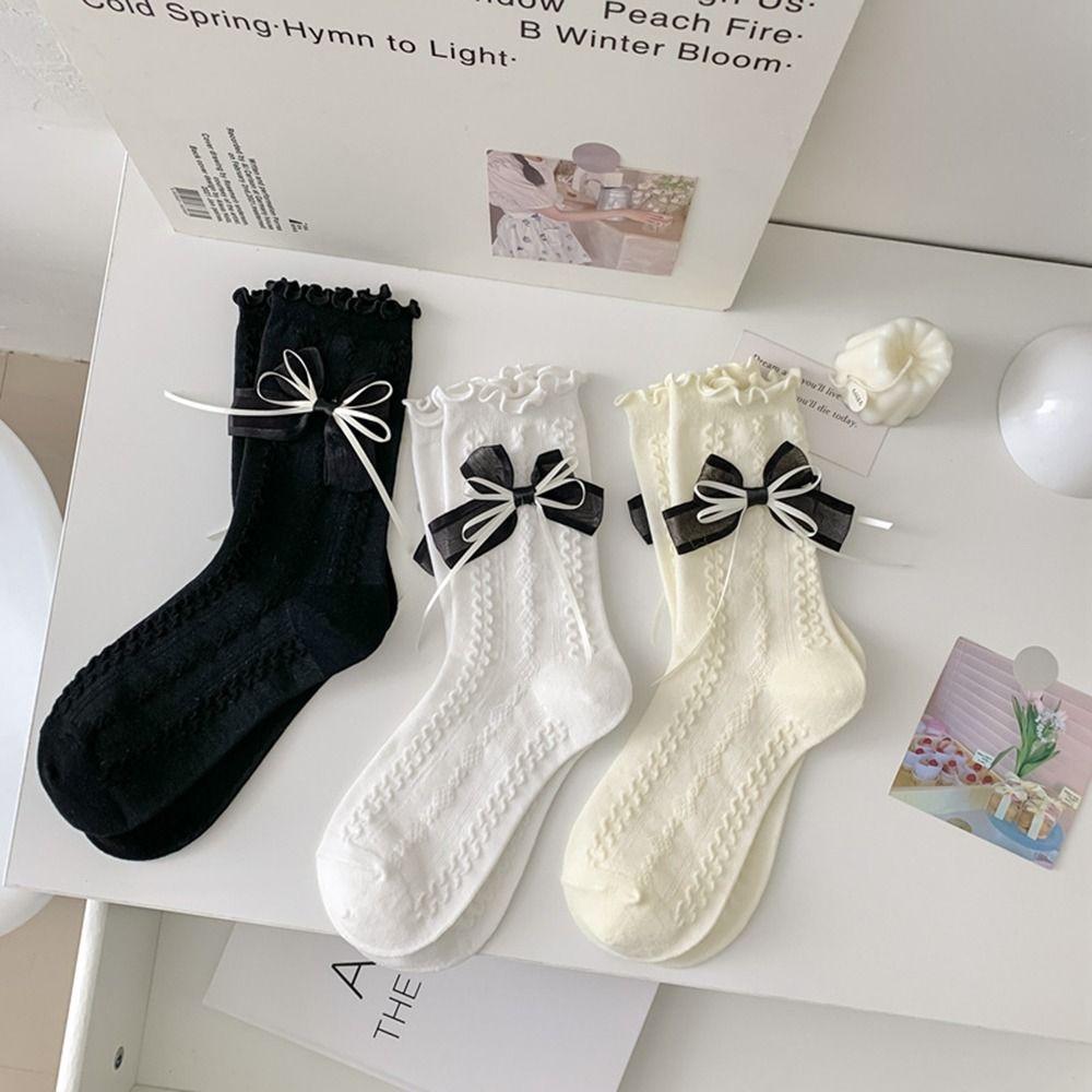 

Style For Women Cotton Lolita Dress Middle Tube Socks Female Hosiery Ruffle Socks Bow Socks