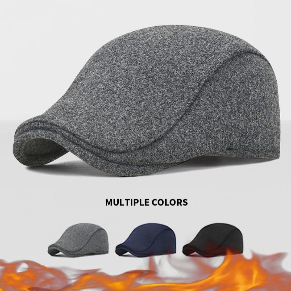 New Solid Color Men Berets with Earmuff Soft Newspaper Hat Woolen Fabric Casual Beanie Autumn and Winter