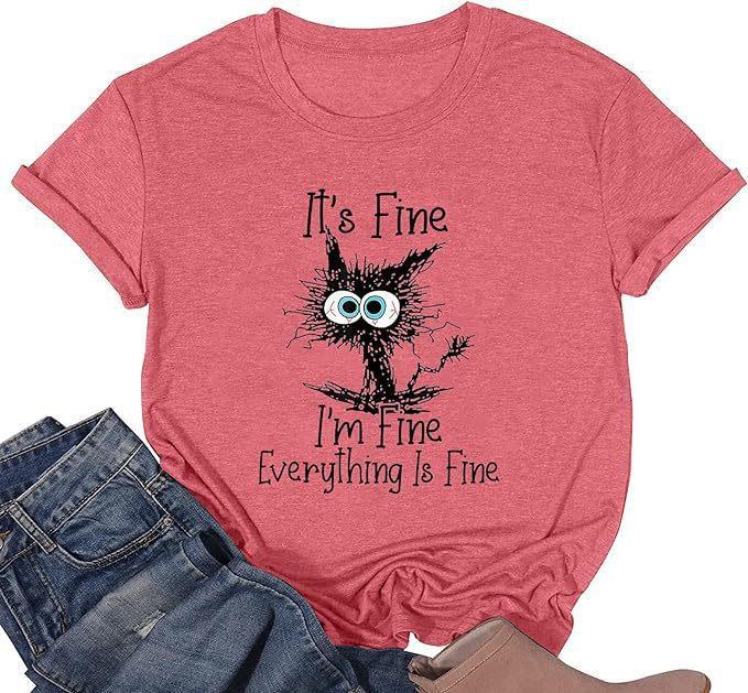 Women's top cat D print short-sleeved shirt apricot comfortable and casual