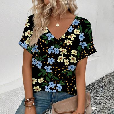 Sommer Pflanze Blume Floral 3D Druck T-Shirts Damen V-Ausschnitt T-Shirt Kurzarm Top Harajuku Streetwear Übergroßes T-Shirt Kleidung