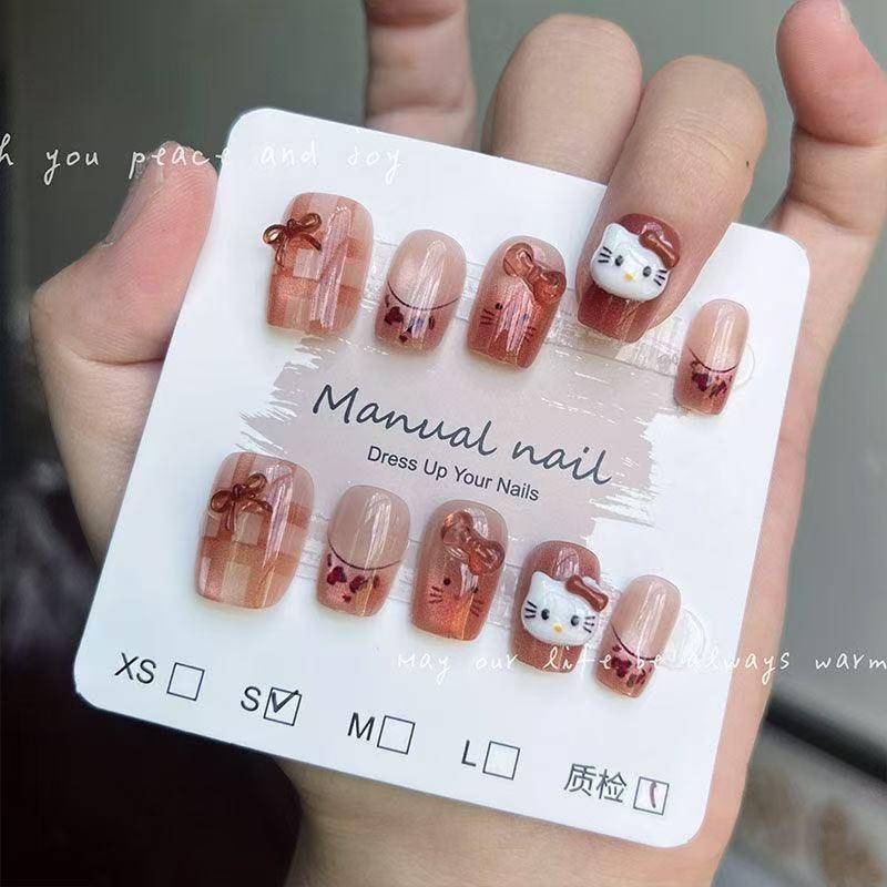 Pink Heart Bow French Cat Nails: Cute, Skin-Brightening Press-Ons for Students