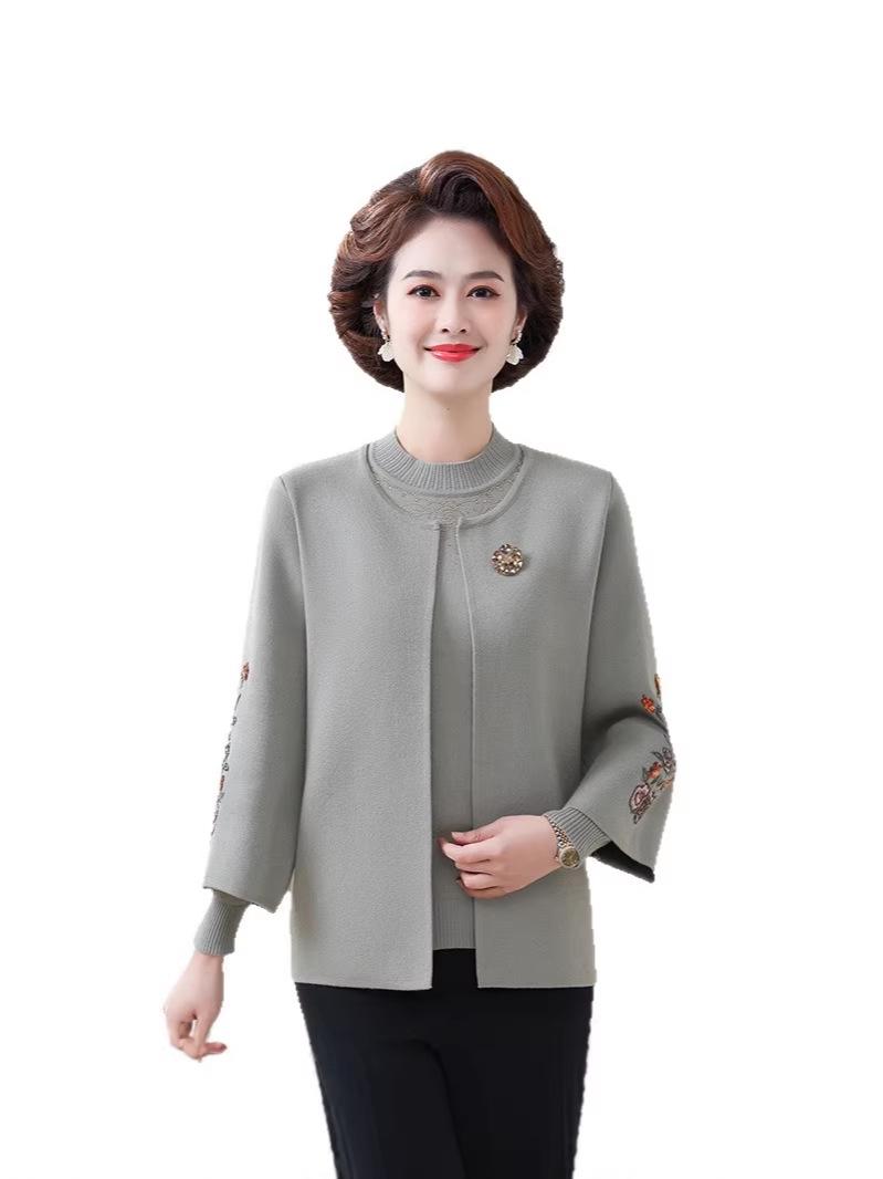 

2026 Autumn/Winter Embroidered Knit Cardigan & Two-Piece Set for Moms, Stylish for Middle-Aged & Elderly Women 3XL (suitable for 75-82 kg)