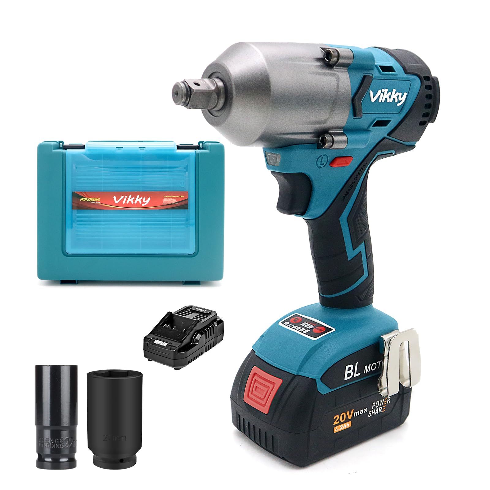 

Vikky 20V Аккумуляторный ударный гайковерт 750 Нм с глубокой ударной головкой Привод Метрический 4.2 Ач Комплект, (550 фут-фунтов), 1/2 дюйма, Набор из 2 предметов, 1/2