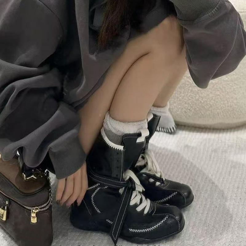 Kuskinnversjon~ Flate bunn innvendig høydeøkning Martin-støvletter dame 2025 nye boksesko matt skinn snørestøvletter tyske treningsstøvletter