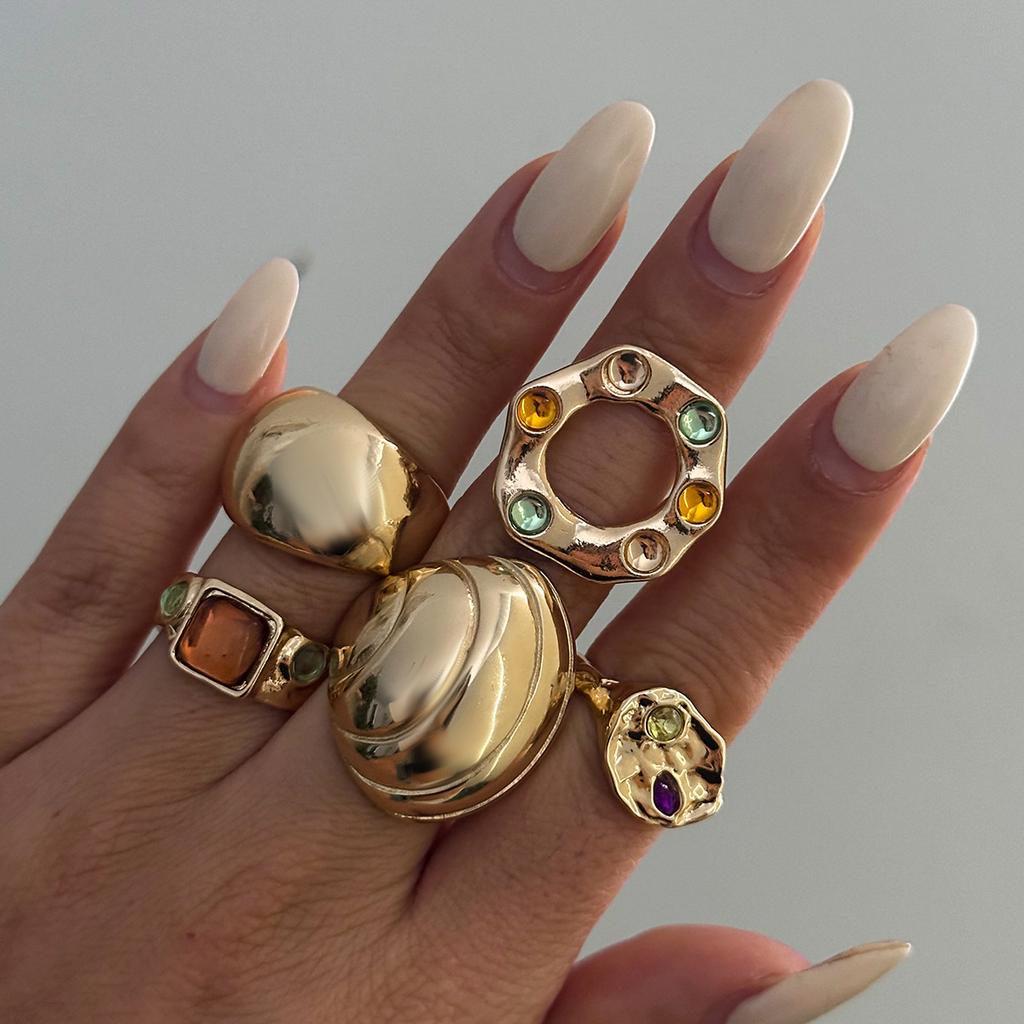 Fashion Color Diamond-Set Gemstone Ring Set, Exaggerated Stacking Of Metal Glossy Open Rings