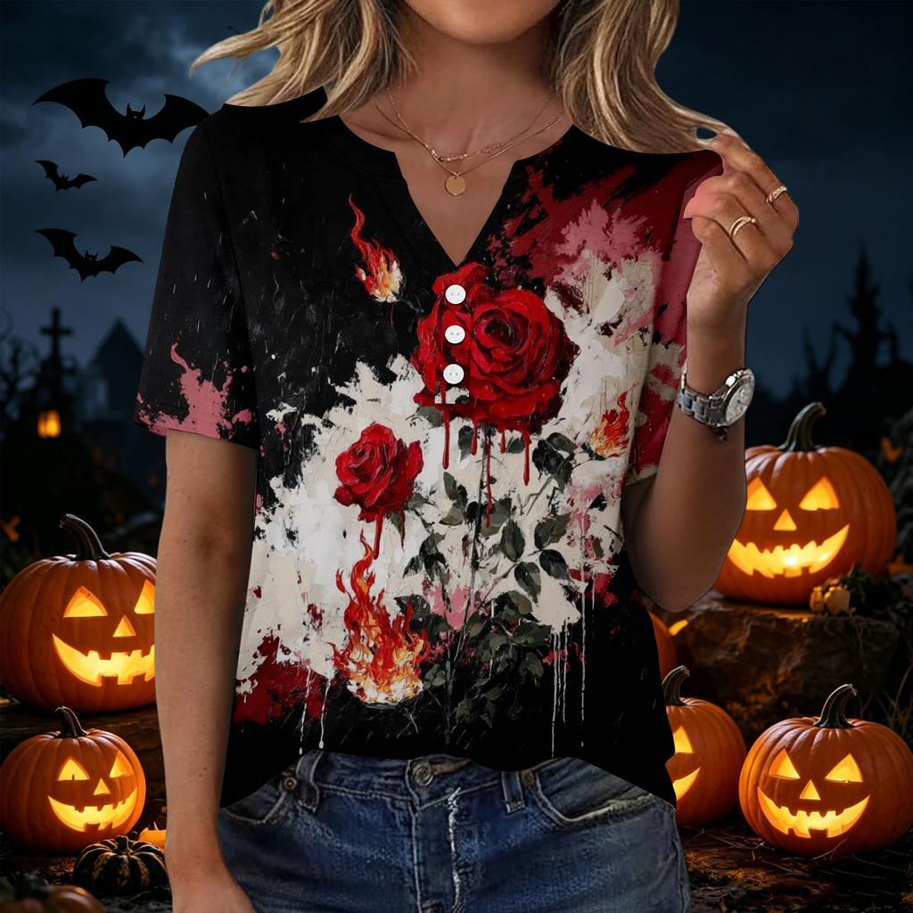 Women's Casual Halloween Print V Neck Short Sleeve Button Front T Shirt Top Lightweight Comfortable Fit for Everyday Wear