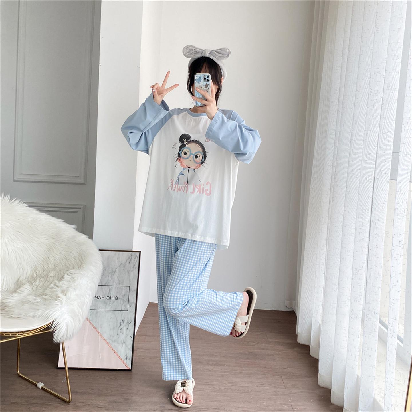 

Весенне-осенняя женская пижама - Милый принт девочки с пучком, Свободный крой, Большой размер, Комплект с длинным рукавом Suggested Retail Price 118 Yuan синий