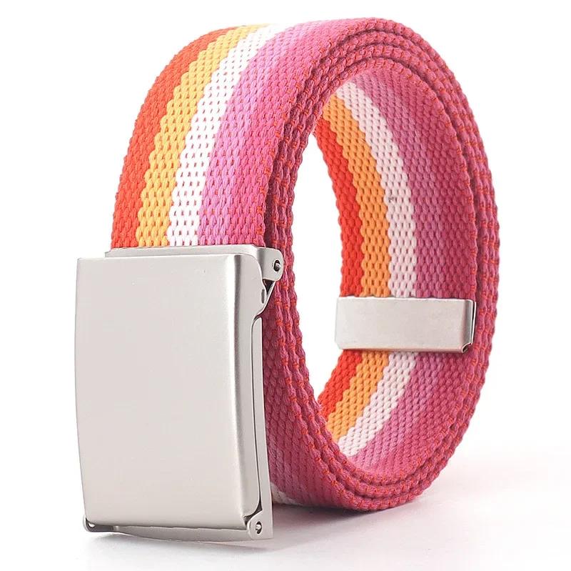 Rainbow Stripes Canvas Belt Jeans Waistband Adjustable Belt Outdoor Travel - Metal Buckle Belt for Women Multicolor