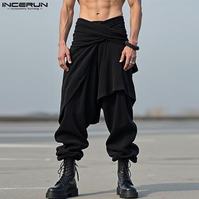 Autumn Men Casual Elastic Waist Ruffled Irregular Corduroy Harem Pants Trousers