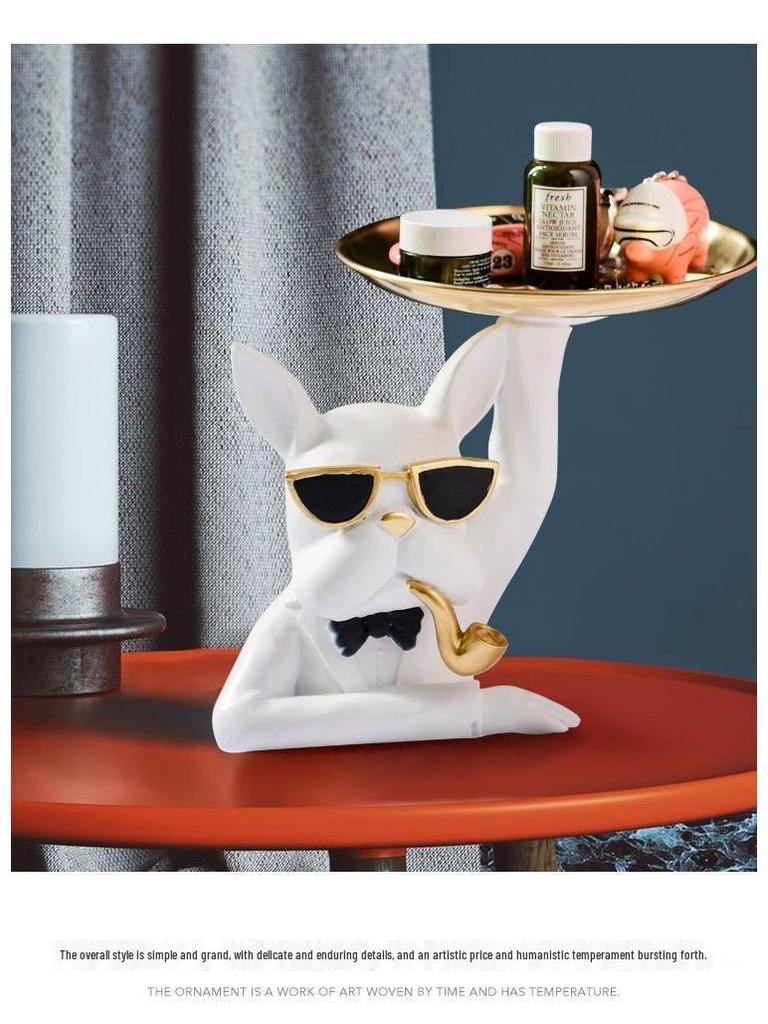 Ornamento Decorativo Bandeja Dupla Bulldog Francês Nórdico - Porta-Chaves para Entrada