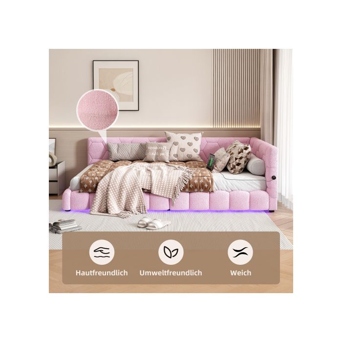 Lit de jour, 90*200 cm (sans matelas), lumière d'ambiance 16 couleurs, interface USB, simili-laine, rose