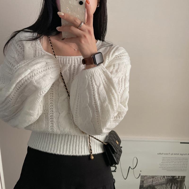 

New Square Neck Pullover Long Sleeve Knitted Sweater Korean Fashion Twist Sweaters Autumn Winter Loose Casual Solid Color Tops Clothing one size белый