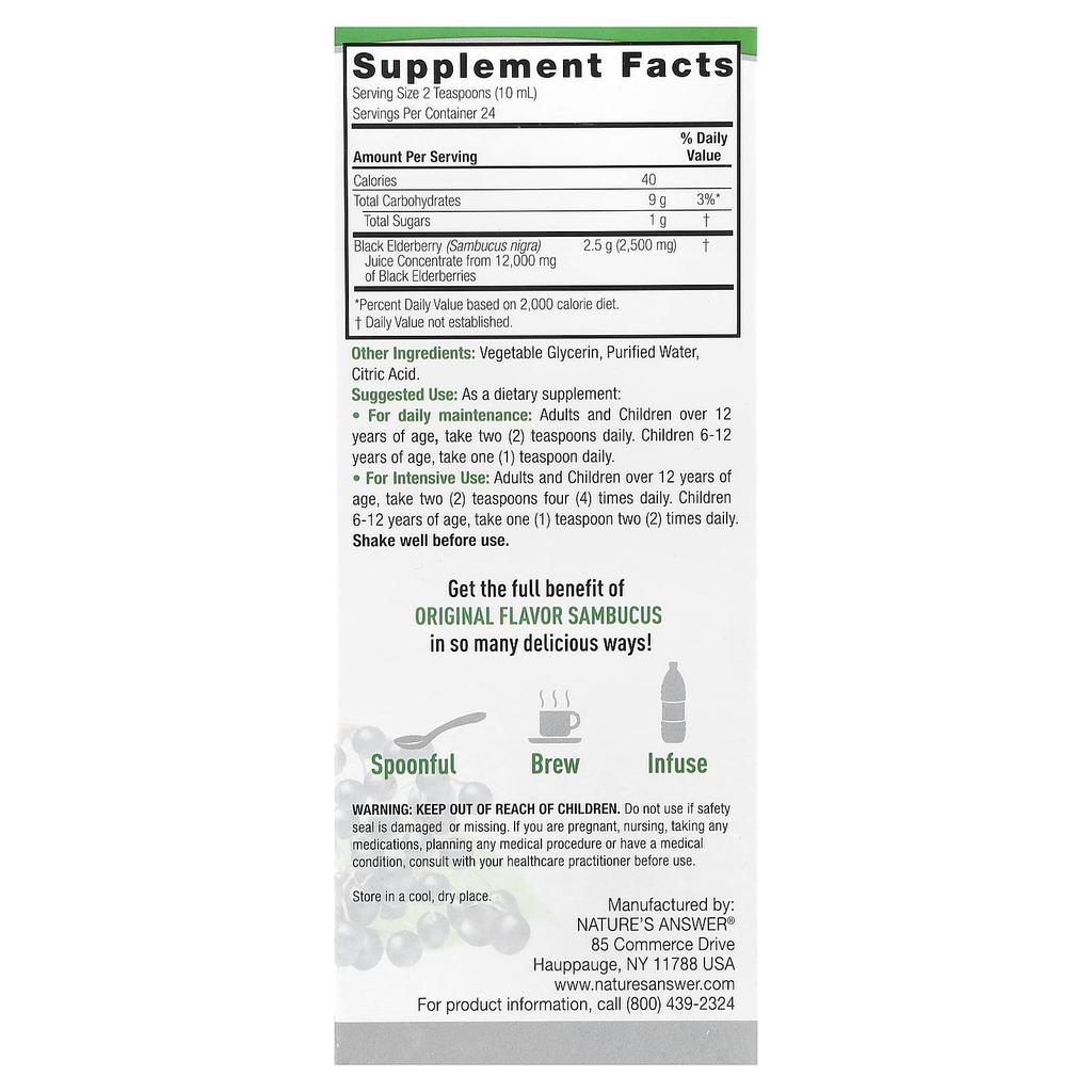 Nature's Answer Sambucus, Black Elderberry, Alcohol Free, 2,500Mg, 240Ml(8Fl Oz)