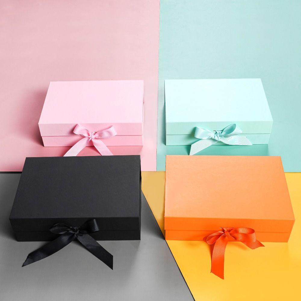 Pure Color Gift Box One-Piece Design Flip Cover Cardboard Folding Box Foldable Ribbon Decoration Wrapping Box Party Supplies