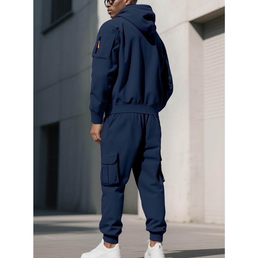 New, Autumn/Winter, Men's, Velvet Hoodie, Fashion, Hoodie, Zipper, Multi Pocket, Work Pants Set