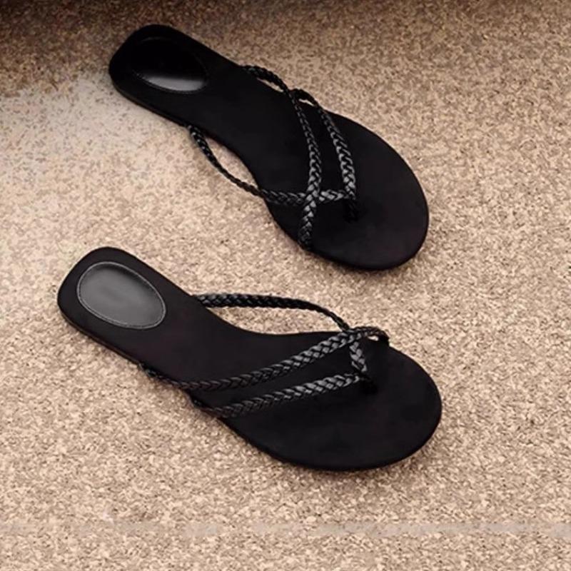 Woven Cool Slippers Summer New One-word Strap Flat Bottom Women's Fine Strap Beach Slippers Women