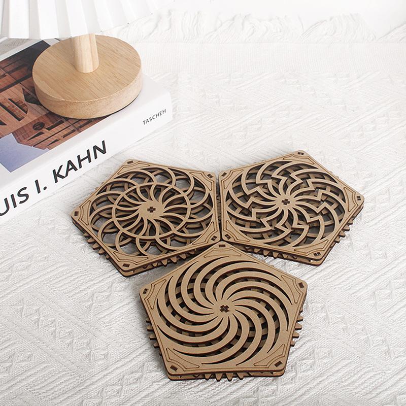 Kinetic Coaster Handmade Unique Pentagram Design Swivel Wooden Coasters Subtle Spiral Texture For Home/Office Decor Gifts
