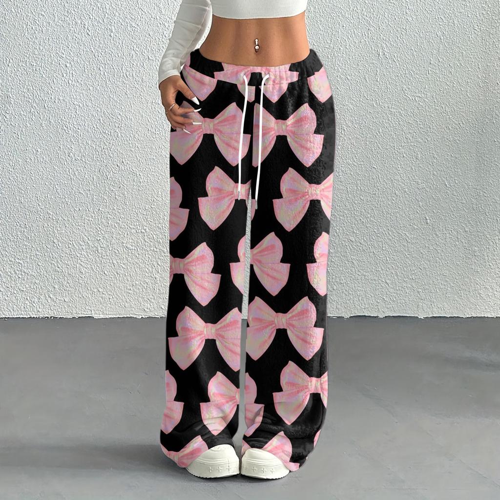 Women's Casual Fashion Printed Elastic Waist Loose Straight Leg Pants With Rope