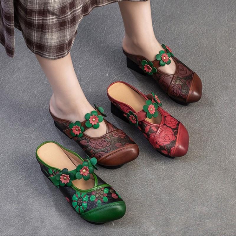 Johnature Ethnic Style Thick Heel Round Toe Outdoor Slippers Retro Printed Genuine Leather Women's Shoes