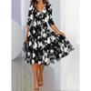 Damenmode Frühling Herbst Blumenmuster Druck 3/4 Ärmel V-Ausschnitt Mittlere Taille Freizeitkleider