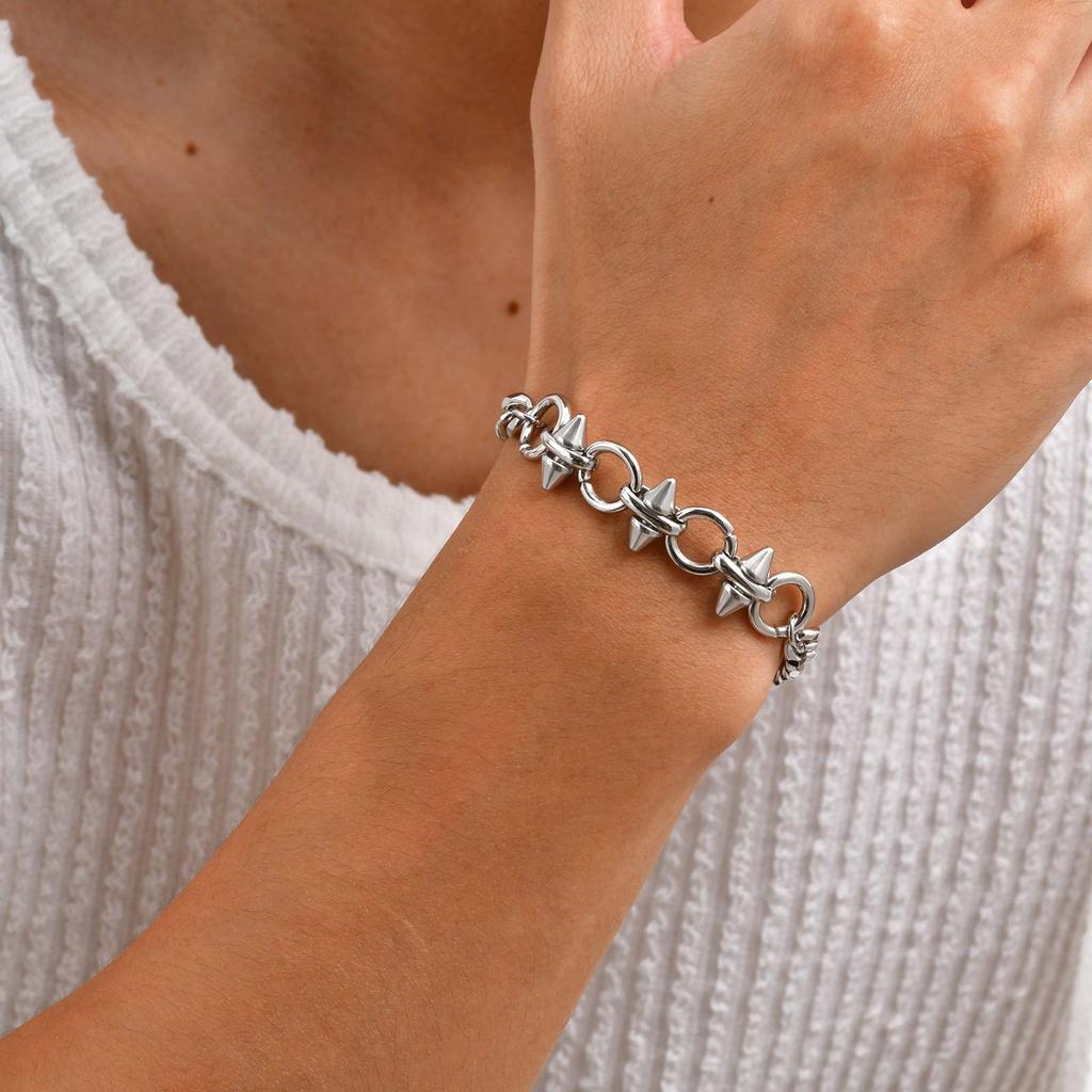 Punk Rivet Twisted Chain Stainless Steel Bracelet, Silver Color Chunky Wrist Chain Hip Hop Fashion Jewelry for Men Boys