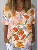 Summer V-neck 3D Floral Pattern Printed Top Fashionable Casual Short Sleeved Women's T-shirts