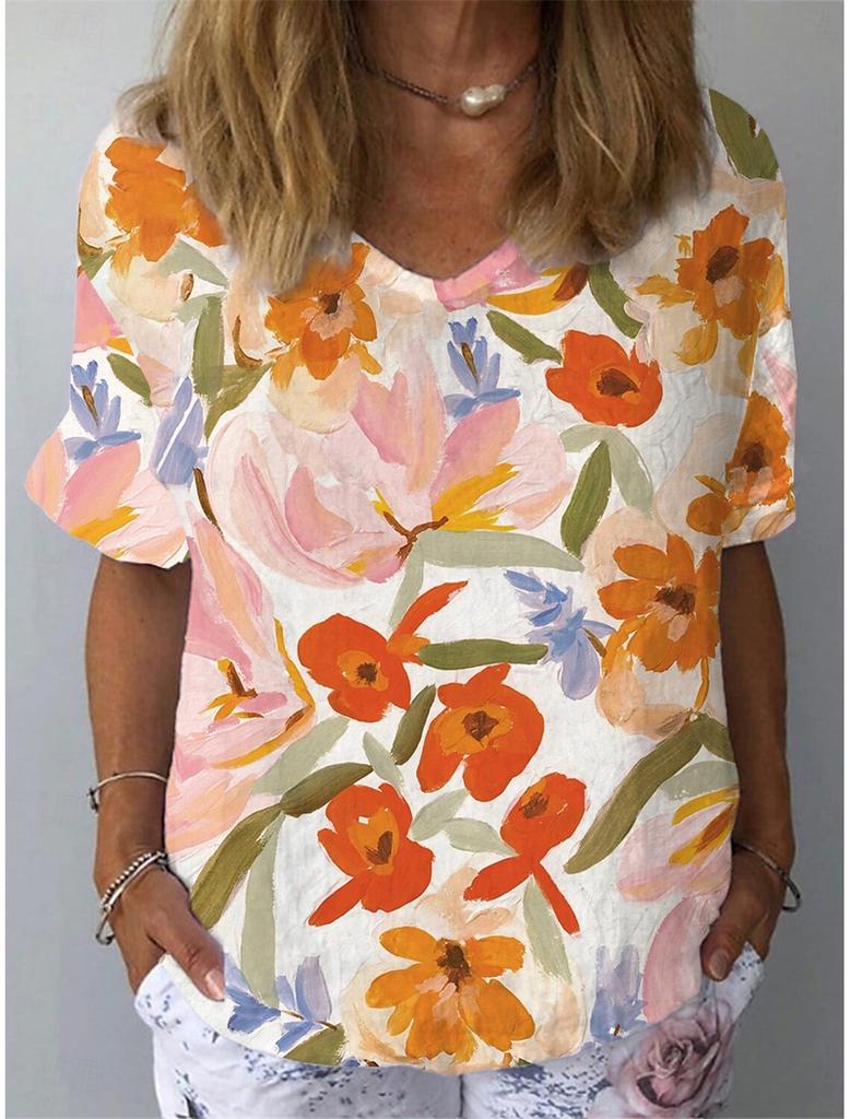 Summer V-neck 3D Floral Pattern Printed Top Fashionable Casual Short Sleeved Women's T-shirts