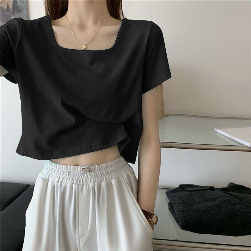 

Трендовый летний женский топ с квадратным вырезом и короткими рукавами - Приталенный и универсальный крой M чёрный