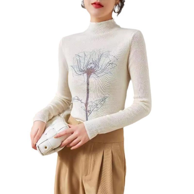 Design sense rose hot diamond bottoming knitted sweater women's autumn new semi-turtleneck pullover silk wool sweater women