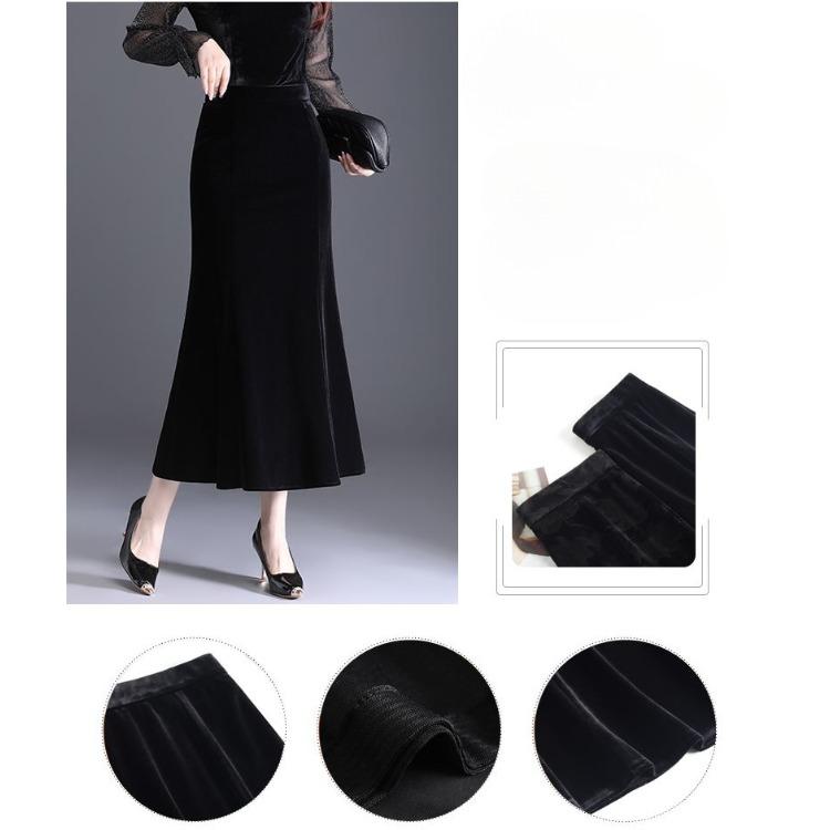 Autumn Winter Velvet Pencil Skirt High Waist Slim Fit Stretchy Wrap Fish Tail Midi Skirt Elegant Bodycon